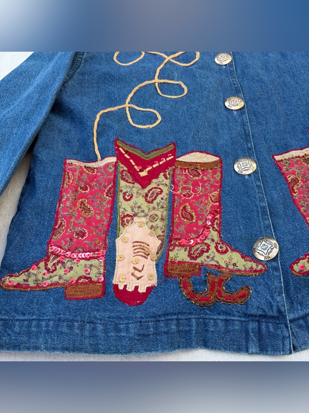 SOLD Vintage Tantrums Cowgirl Patchwork Denim Jacket Sequin Beaded Western - Picture 2 of 7
